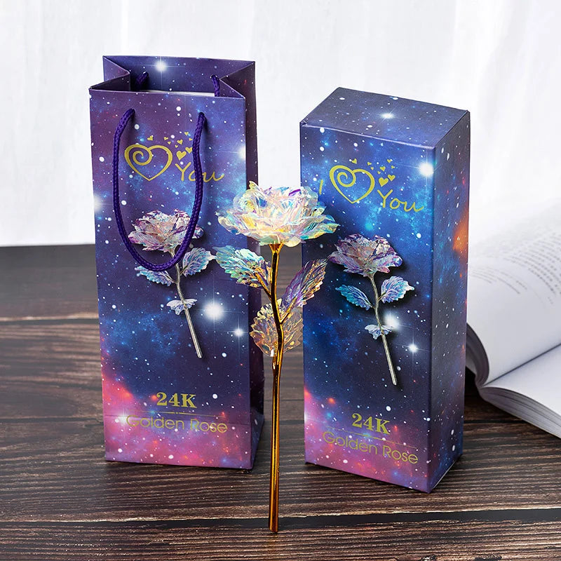 Beautiful 24K Gold LED Luminous Simulated Crystal Galaxy Rose w/Gift Box & Bag