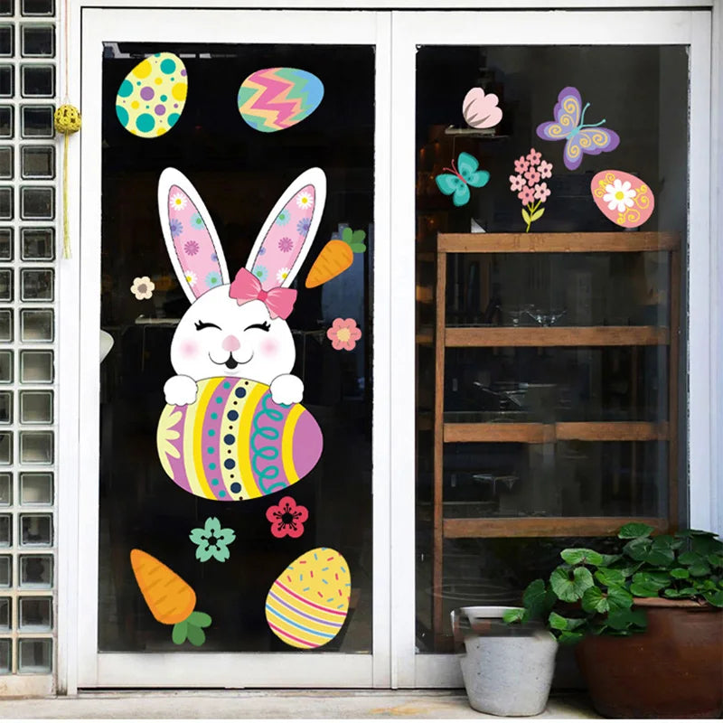 Happy Easter Decorations for Home Bunny Colorful Rabbit Eggs Wall Stickers Electrostatic Window Posters Easter Home Decor