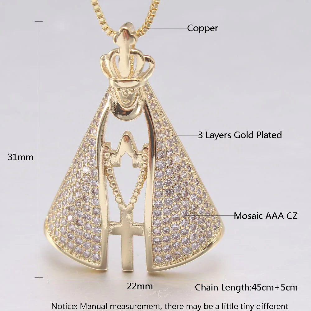 MHS.SUN Gold Color AAA Zircon Catholic Religious Jewelry For Men Women Crystal Pendant Madonna Chain Necklace Party Gift