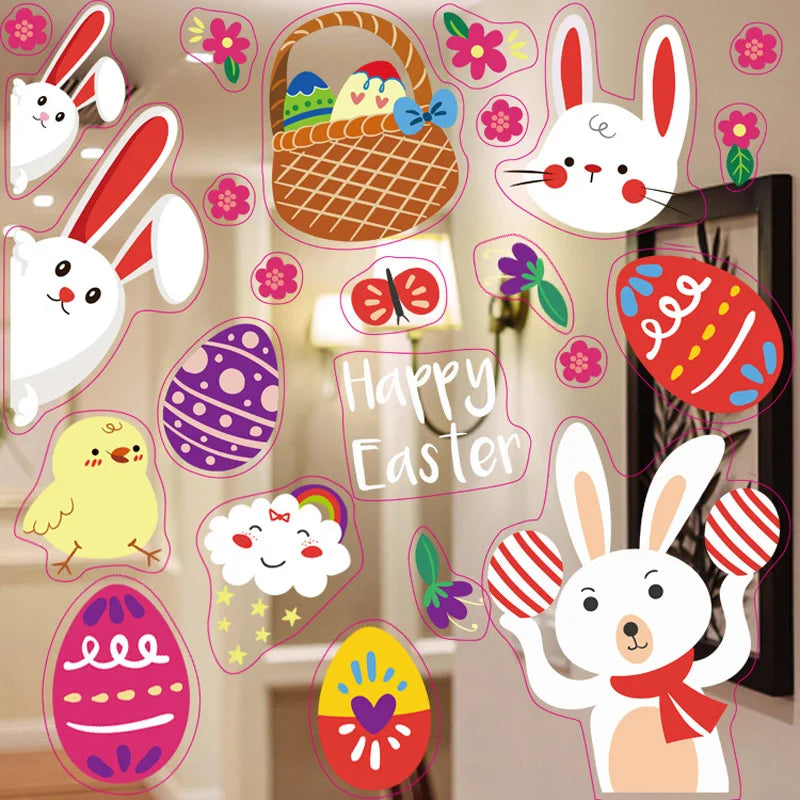 Happy Easter Stickers Easter Eggs Bunny carrot Electrostatic Sticker Window Glass Decals Easter Home Decoration wall sticker