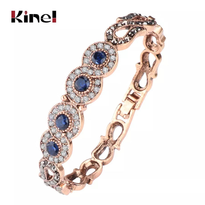 Kinel Vintage Jewelry Wholesale Blue Resin Gray Crystal Flower Bracelet For Women Antique Gold Dubai Jewelry 2017 New