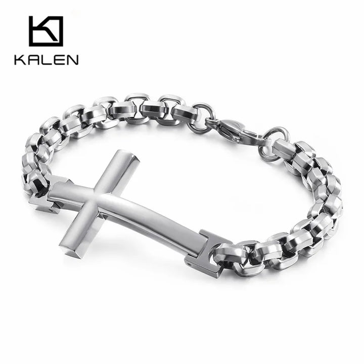KALEN Stainless Steel Cross Bracelets For Men 22cm GoldMatte Crucifix Charm Box Chain Bracelet Religious Christ Jewelry