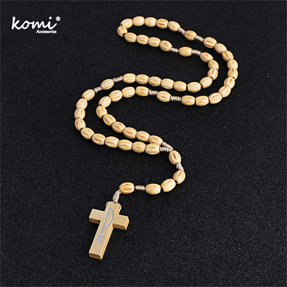 Komi 2018 New Wooden Beads Cross Pendant Necklace For Women Men Catholic Christ Religious Jesus Rosary Jewelry Gift Craft R-001