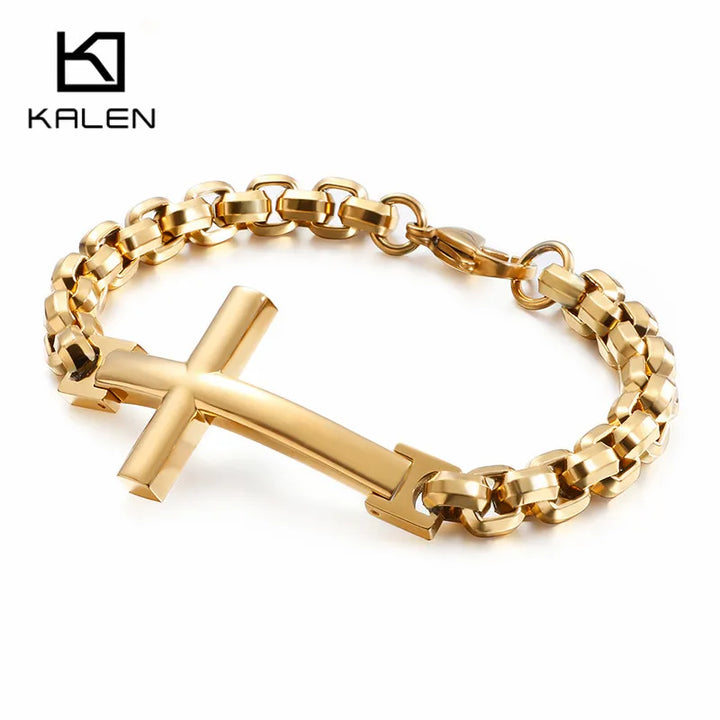 KALEN Stainless Steel Cross Bracelets For Men 22cm GoldMatte Crucifix Charm Box Chain Bracelet Religious Christ Jewelry