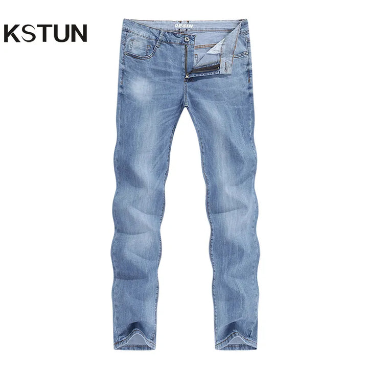 Man Jeans Brand 2021 Spring And Autumn Slim Straight Regular Cut Light Blue Stretch Fashoin Men's Clothing Male Long Trousers