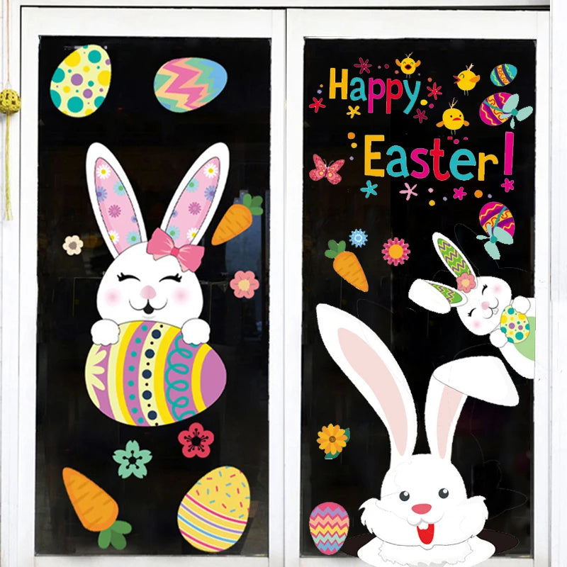 Happy Easter Stickers Easter Eggs Bunny carrot Electrostatic Sticker Window Glass Decals Easter Home Decoration wall sticker