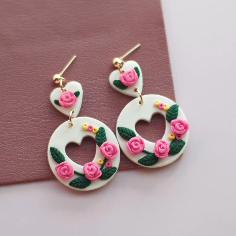 Holiday Delicate Spring Dangle Easter Floral Rose Flowers Cherry Glitter Vintage Gifts Polymer Clay Earrings Sets For Party