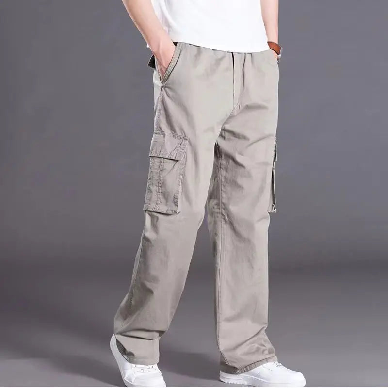 Men's casual trousers cotton overalls elastic waist full len multi-pocket plus fertilizer XL men's clothing big size cargo pants