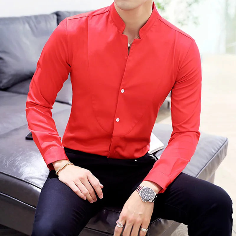 Mens Long Sleeve Shirt High Quality Stand Collar Casual Slim Solid Color Summer Fashion Men's Clothing Shirt Oversized Size 5XL