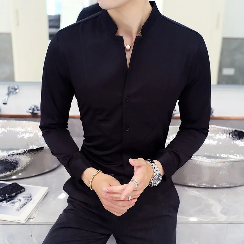 Mens Long Sleeve Shirt High Quality Stand Collar Casual Slim Solid Color Summer Fashion Men's Clothing Shirt Oversized Size 5XL