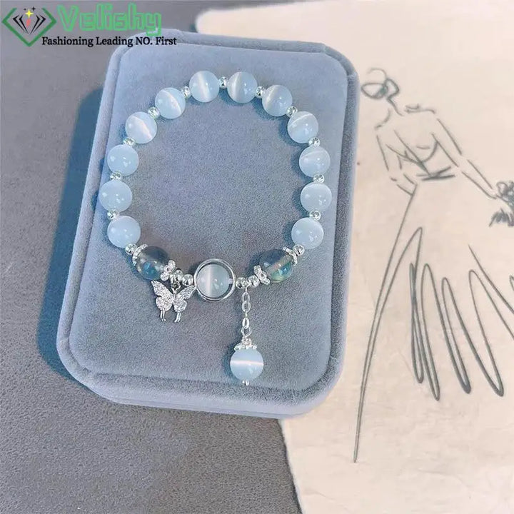 Korean Fashion Imitation Opal Bracelet Simple Pendant Bracelet Ins Moonstone Crystal Bead Moon Pendant Bracelet Jewelry Gifts