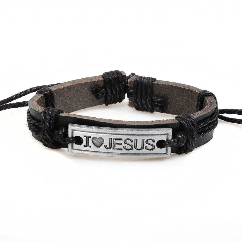 Kirykle Brown Black Vintage Leather Bracelet Religious Faith Bangle "I LOVE JESUS" Christian Jewelry For Women Man Cuff Gift
