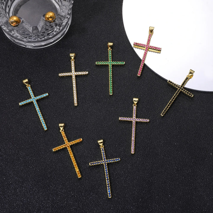 Juya Handmade Decoration Religious Pendant Jewelry Making Supplies 18K Real Gold Plated Cubic Zirconia Christian Cross Charms