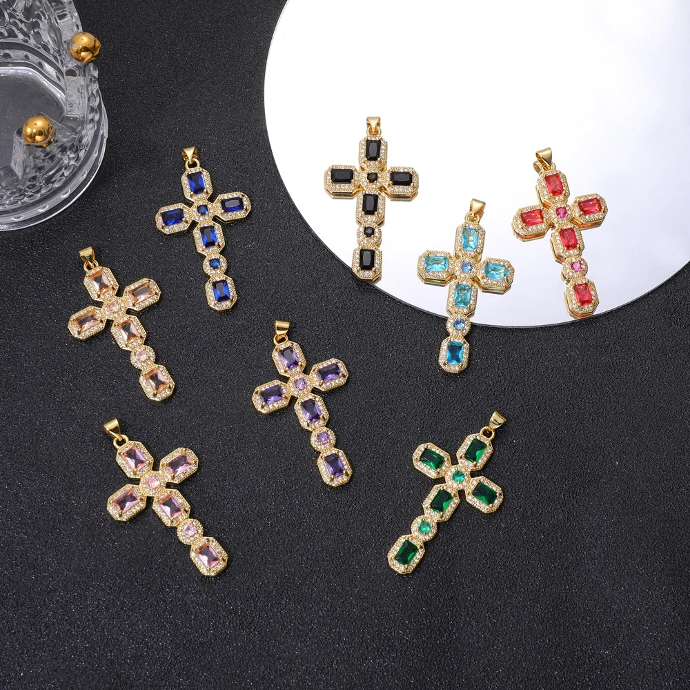 Juya Handmade Decoration Religious Pendant Jewelry Making Supplies 18K Real Gold Plated Cubic Zirconia Christian Cross Charms