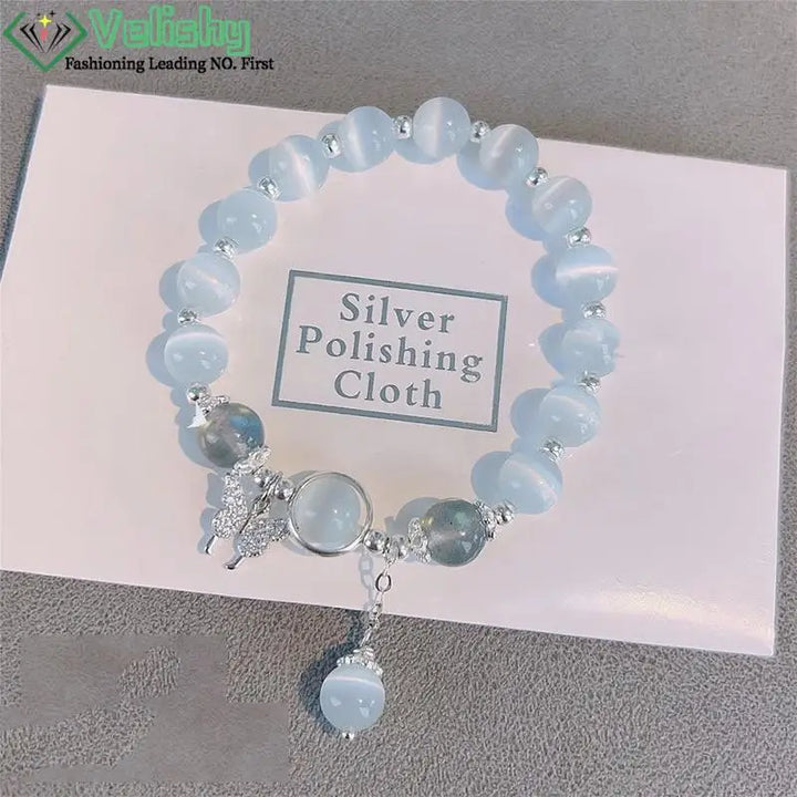 Korean Fashion Imitation Opal Bracelet Simple Pendant Bracelet Ins Moonstone Crystal Bead Moon Pendant Bracelet Jewelry Gifts
