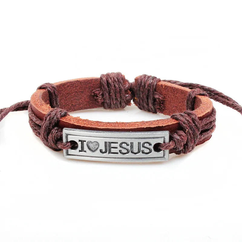 Kirykle Brown Black Vintage Leather Bracelet Religious Faith Bangle "I LOVE JESUS" Christian Jewelry For Women Man Cuff Gift