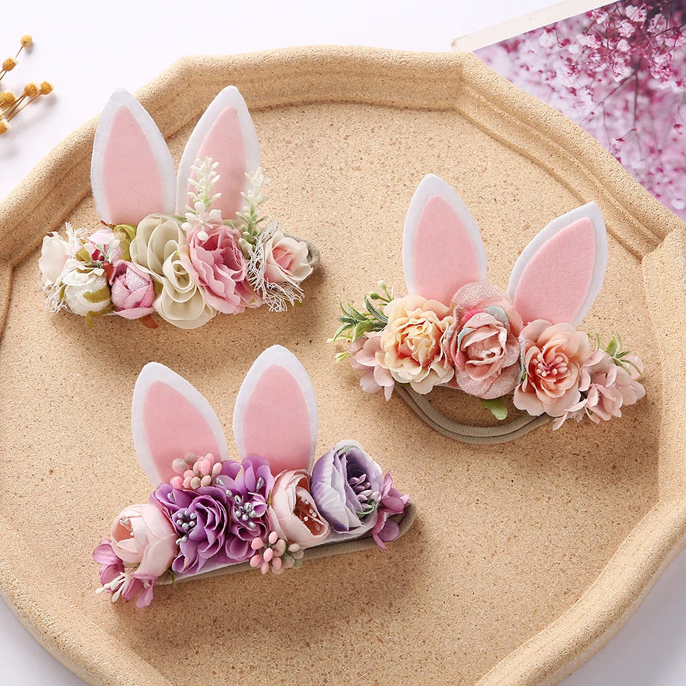 Lovely Baby Girls Easter Day Headband Rabbit Ear Newborn Photo Props Cute Elastic Flower Crown Hairbands Party Hair Accessories
