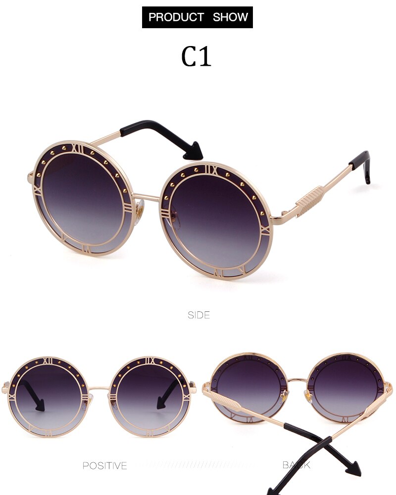 Fashion Round Sunglasses Women Unique Designer UV400 Metal Arrow Frame Letter Sun Glasses Shades Eyewear Oculos de sol-5