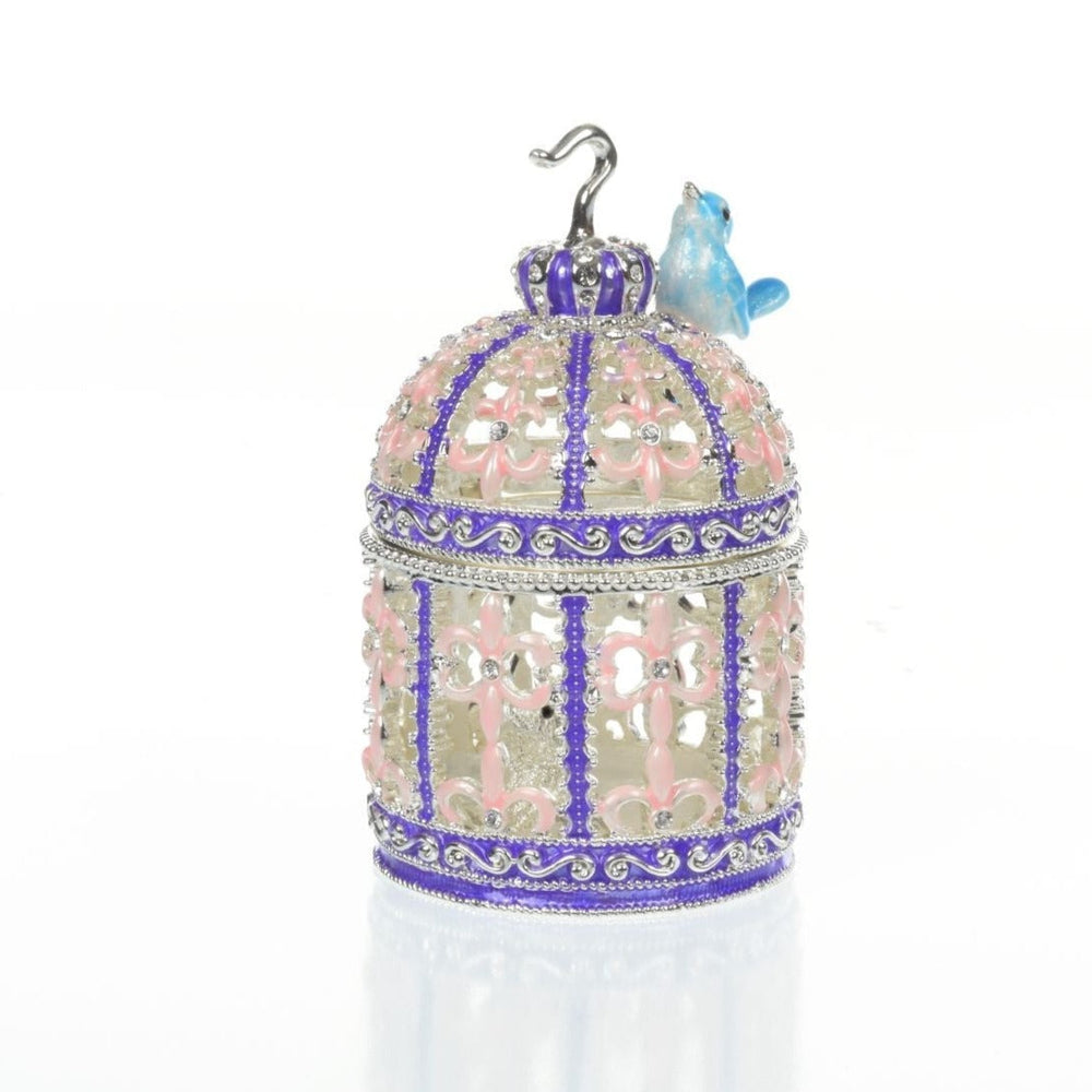 Light Blue Bird on top top of a purple birdcage Faberge Styled Trinket Box-0