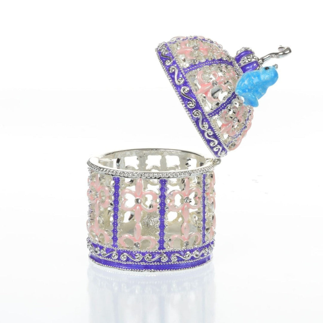 Light Blue Bird on top top of a purple birdcage Faberge Styled Trinket Box-1