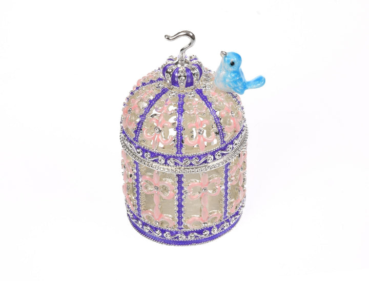 Light Blue Bird on top top of a purple birdcage Faberge Styled Trinket Box-2