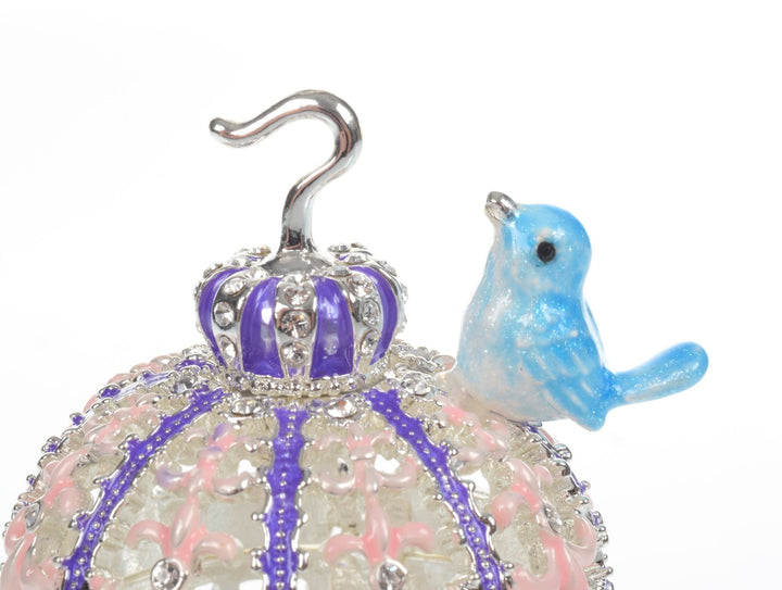 Light Blue Bird on top top of a purple birdcage Faberge Styled Trinket Box-3