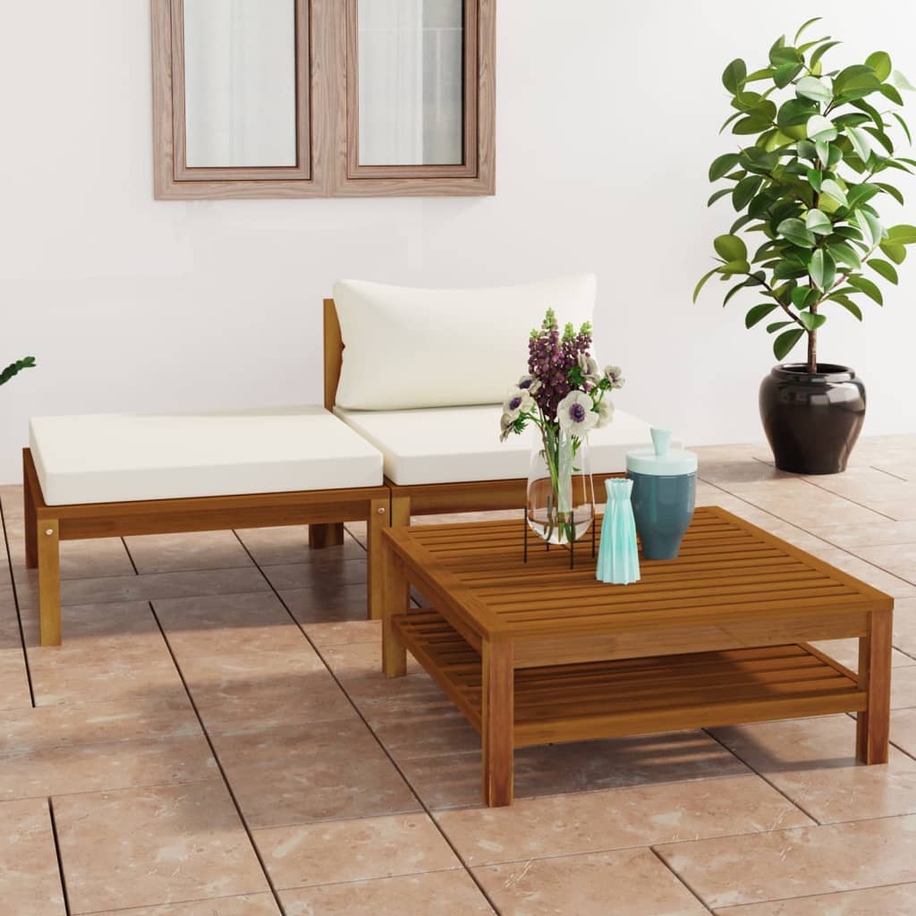 vidaXL 3 Piece Patio Lounge Set with Cream White Cushions Acacia Wood-0