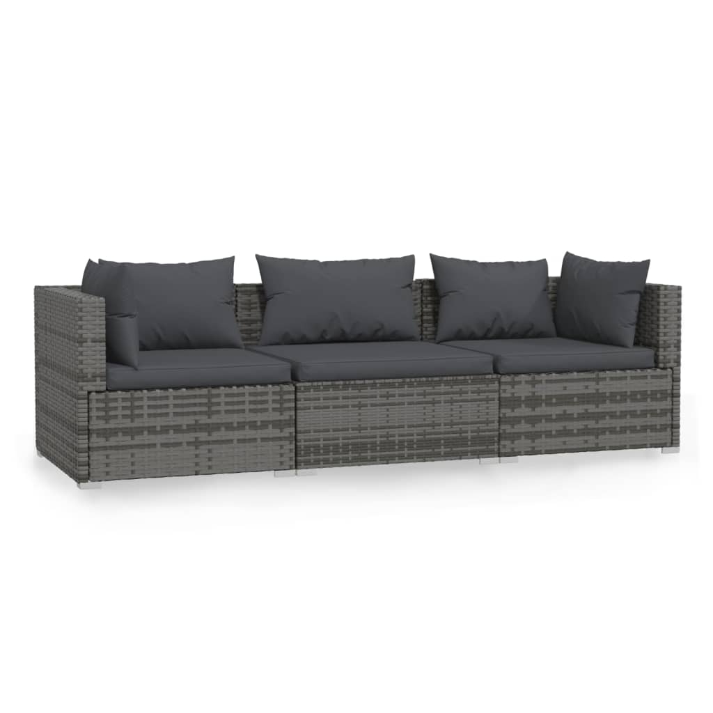 vidaXL 3-Seater Sofa with Cushions Gray Poly Rattan-0