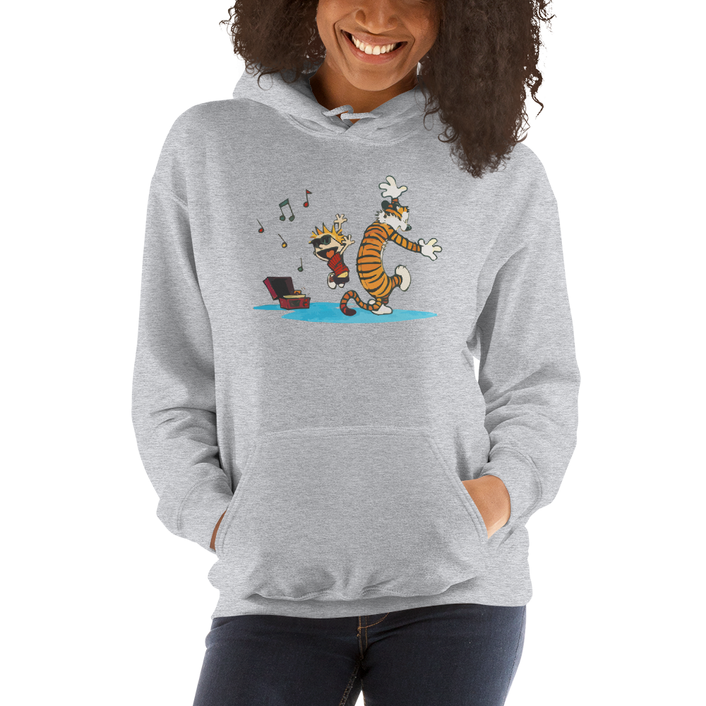 Calvin and Hobbes Dancing with Record Player Unisex Hoodie-1