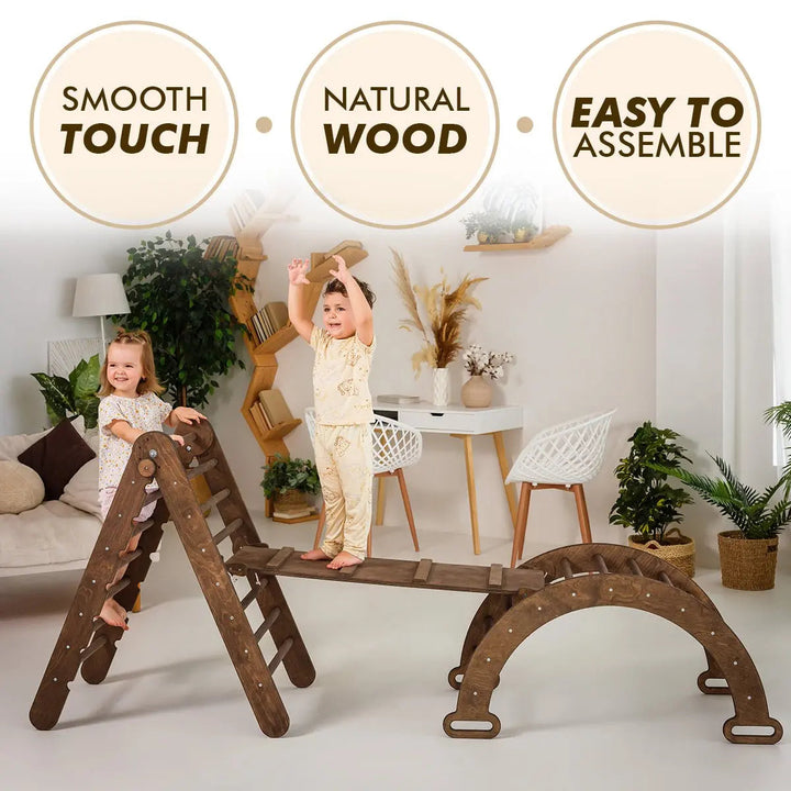 3in1 Montessori Climbing Set: Triangle Ladder + Wooden Arch + Slide Board – Chocolate NEW-4