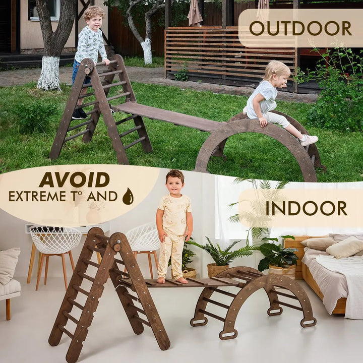 3in1 Montessori Climbing Set: Triangle Ladder + Wooden Arch + Slide Board – Chocolate NEW-2