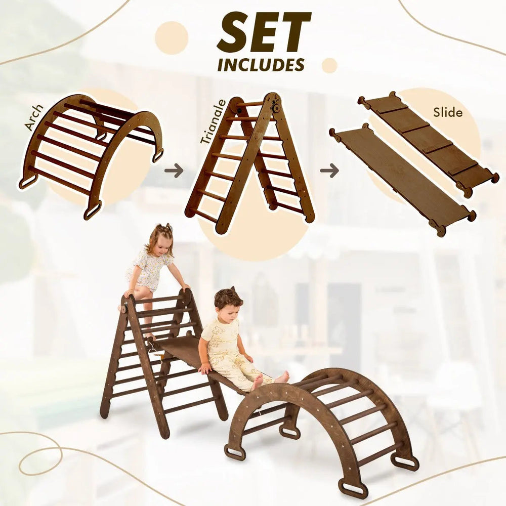 3in1 Montessori Climbing Set: Triangle Ladder + Wooden Arch + Slide Board – Chocolate NEW-1