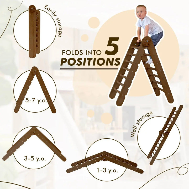 3in1 Montessori Climbing Set: Triangle Ladder + Wooden Arch + Slide Board – Chocolate NEW-3