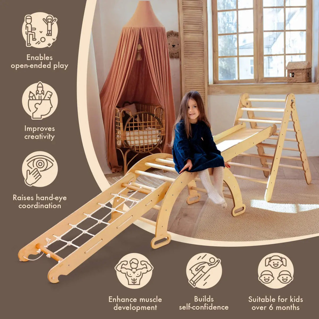 4in1 Montessori Climbing Set: Triangle Ladder + Arch/Rocker + Slide Board/Ramp + Climbing Net – Beige-4