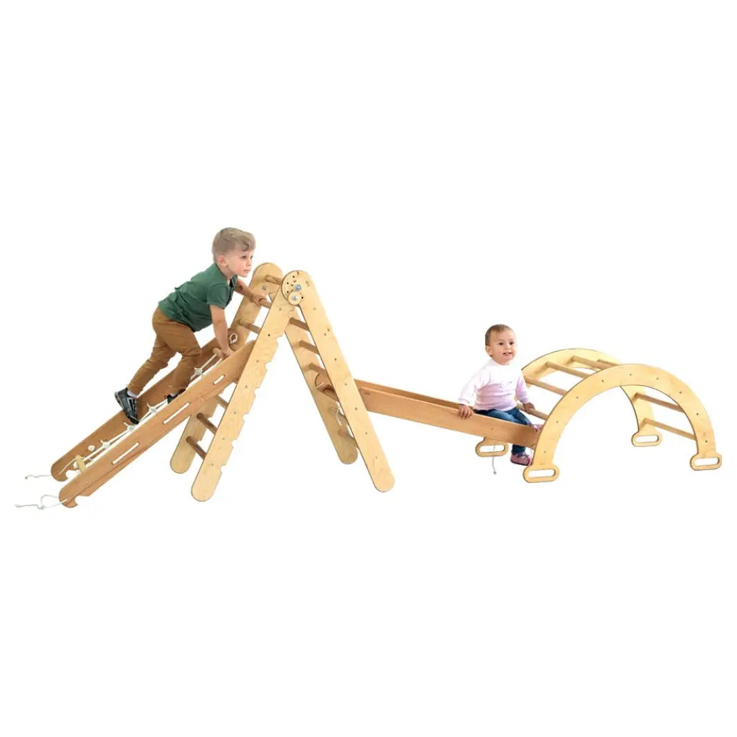 4in1 Montessori Climbing Set: Triangle Ladder + Arch/Rocker + Slide Board/Ramp + Climbing Net – Beige-0