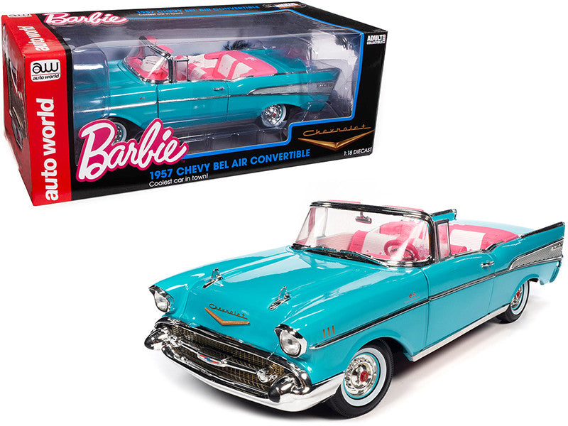 1957 Chevrolet Bel Air Convertible Aqua Blue with Pink Interior "Barbie" "Silver Screen Machines" 1/18 Diecast Model Car by Auto World-0