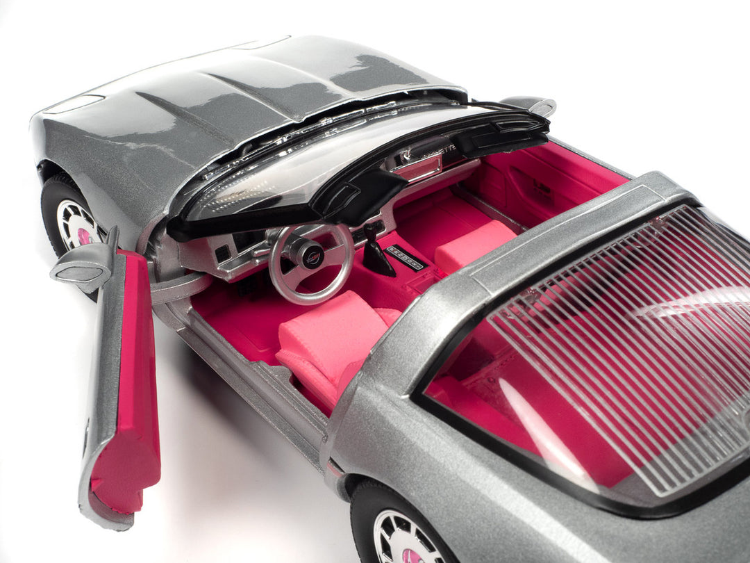 1986 Chevrolet Corvette Convertible Silver Metallic with Pink Interior "Barbie" "Silver Screen Machines" 1/18 Diecast Model Car by Auto World-3