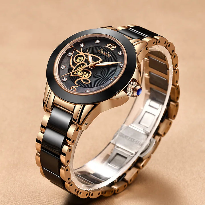 SUNKTA Brand Luxury Women Watches Black Ceramic Diamond Ladies Watch Waterproof Quartz Wristwatch Relogios Femininos Clock Gift