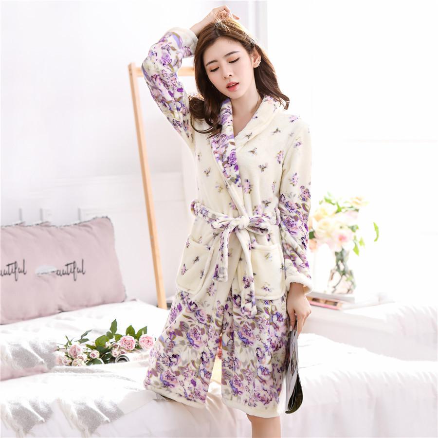Nightgown Winter Kimono Plus Size Nightdress Coral Fleece Nightwear Thick Warm Home Clothing Ladies Bathrobe Flannel Negligee
