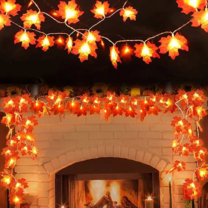 LED Artificial Autumn Maple Leaves Holiday Garland Decor.