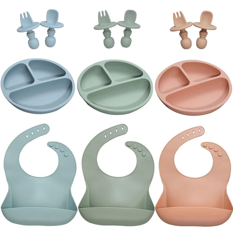 Newborn Stuff Silicone Baby Bibs Food Grade Toddler Silicone Dinner Plate Set Healthy Feeding Training Silicone Spoon For Kids