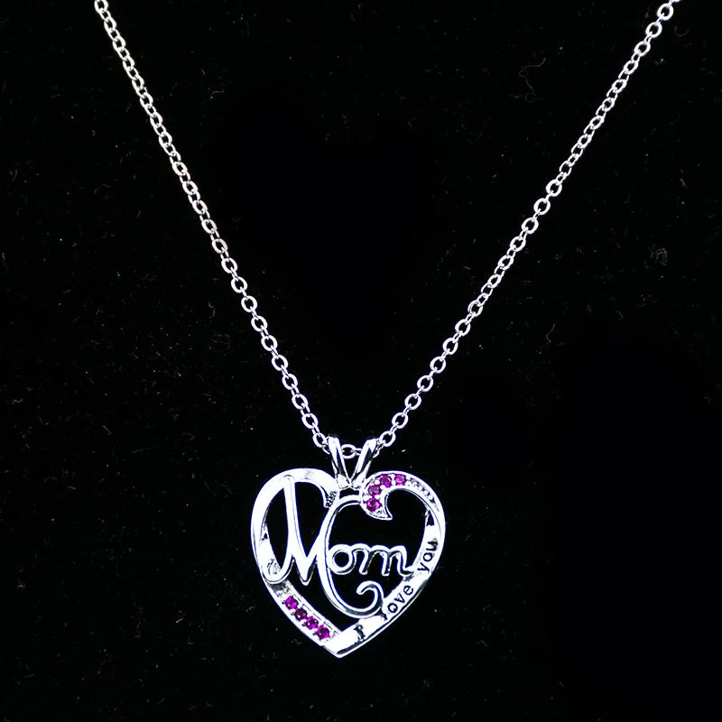 S925 Solid Sterling Silver Pendant Necklace Women I Love You MOM Heart Crystal Necklace for Mother's Day Gift Christmas Jewelry