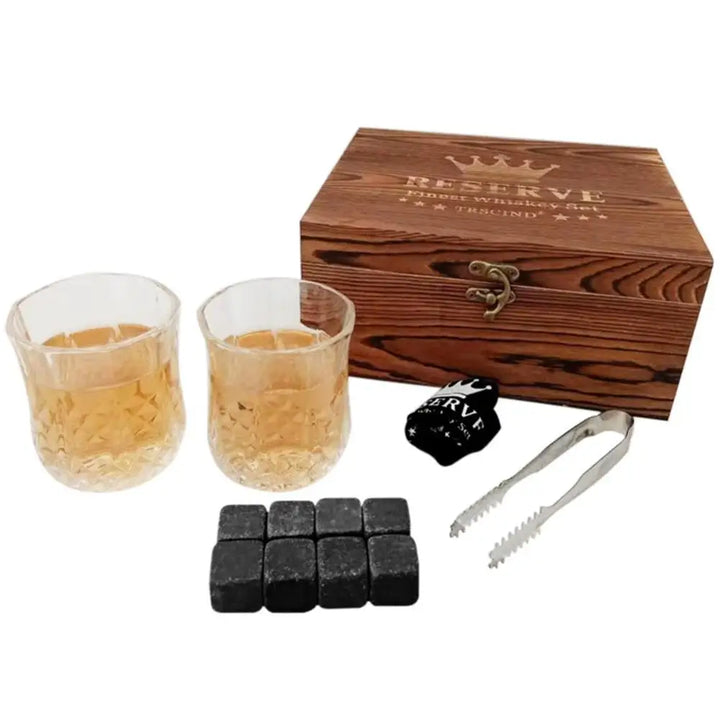 RESERVE 12pc Whiskey Stones & Shot Glass Set with Wooden Gift Box