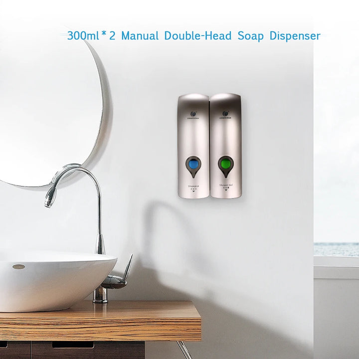 300ml*2 Self Adhesive Soap And Shampoo Dispenser Wall Mounted Manual Soap Dispenser Bathroom Shower Gel Liquid Dispenser Holder