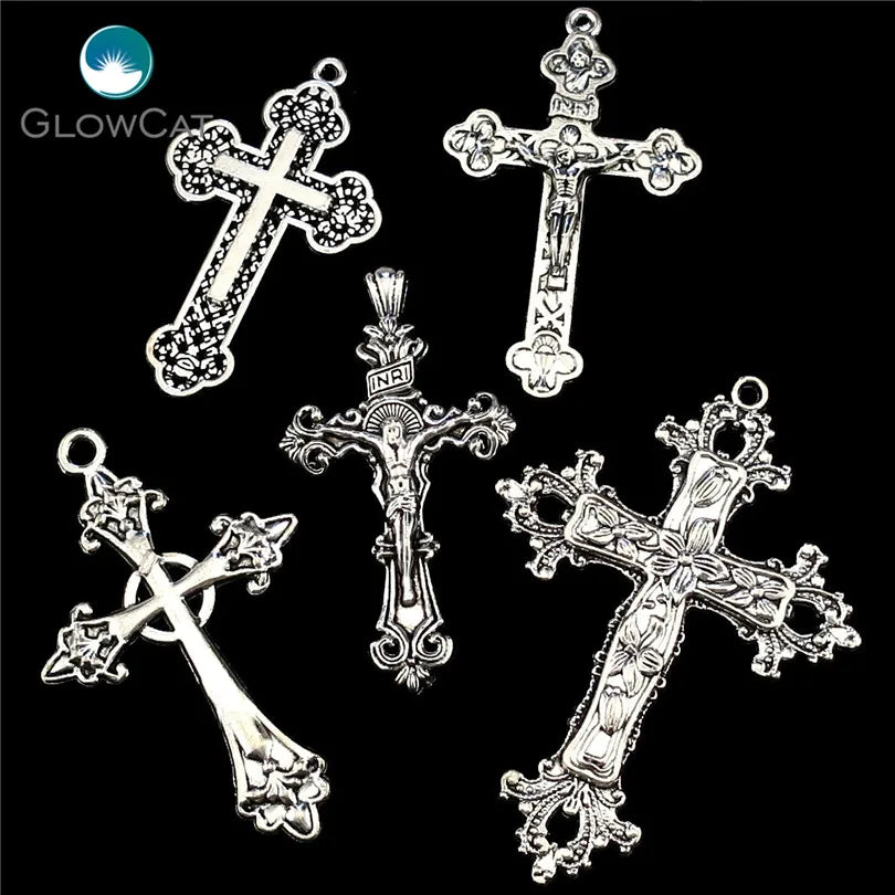 MIX 5pcs/lot Vintage Silver Color Zinc Alloy Big Jesus Cross Pendant Religious Faith Charm Frame Jewelry Finding Making 22398