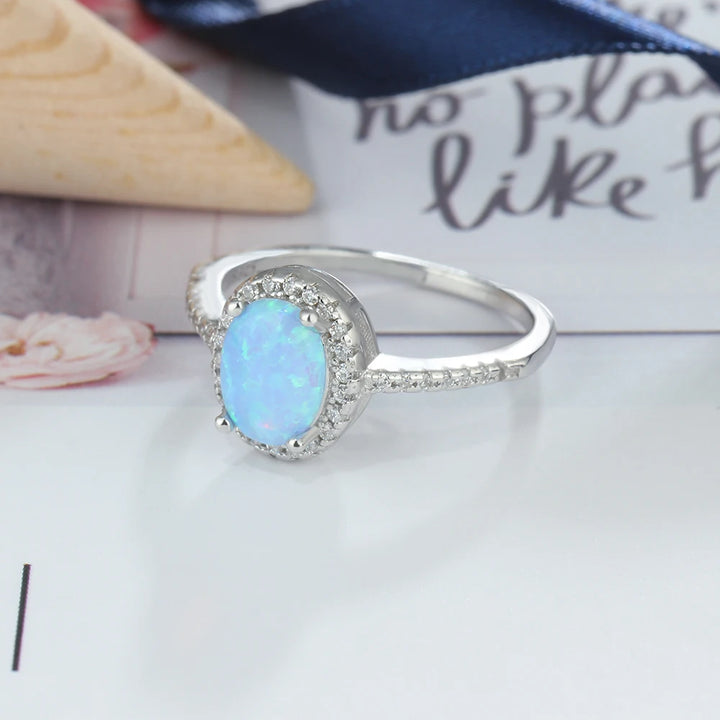 Promise 925 Sterling Silver Ring Blue Opal Stone With For Women Valentine's Day Romantic Gift(Lam Hub Fong)