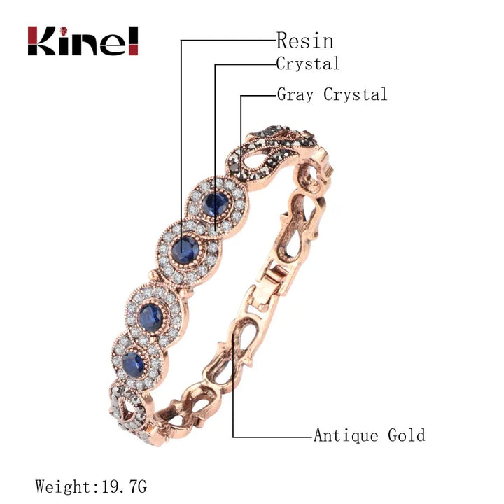 Kinel Vintage Jewelry Wholesale Blue Resin Gray Crystal Flower Bracelet For Women Antique Gold Dubai Jewelry 2017 New