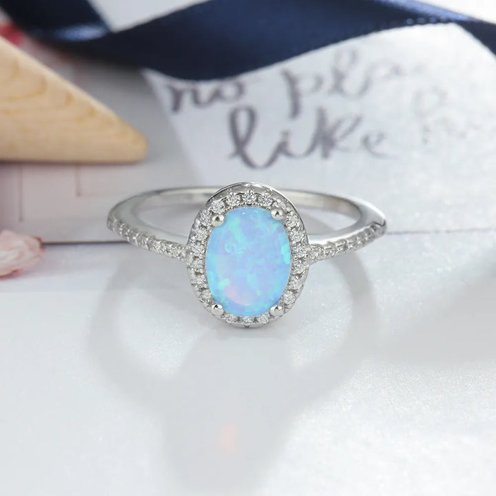 Promise 925 Sterling Silver Ring Blue Opal Stone With For Women Valentine's Day Romantic Gift(Lam Hub Fong)