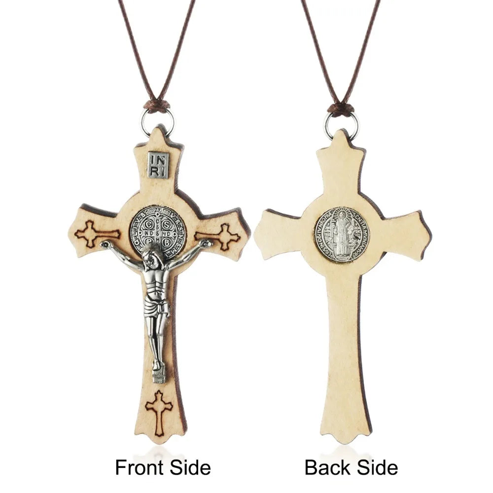 Religious Jesus CSPB Jewelry Rope Chains Olive Wood Saint Benedict Medal Cross Pendant Necklace for Women INRI colar MN235