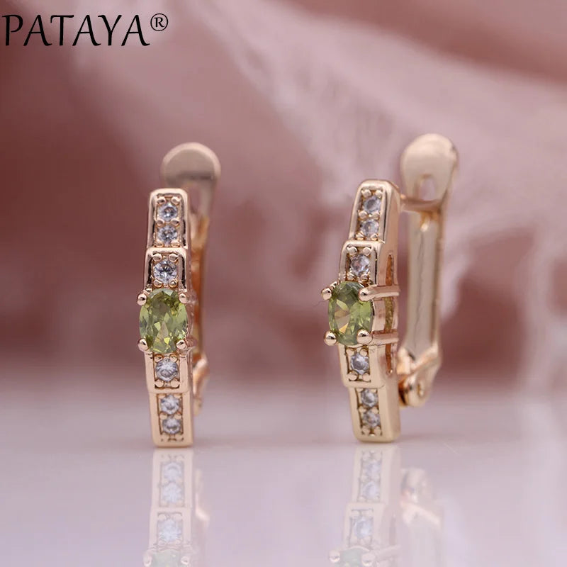 PATAYA New Oval Green Earrings Women Fashion Wedding Cute Fine Jewelry 585 Rose Gold Color Natural Zircon Dangle Earrings